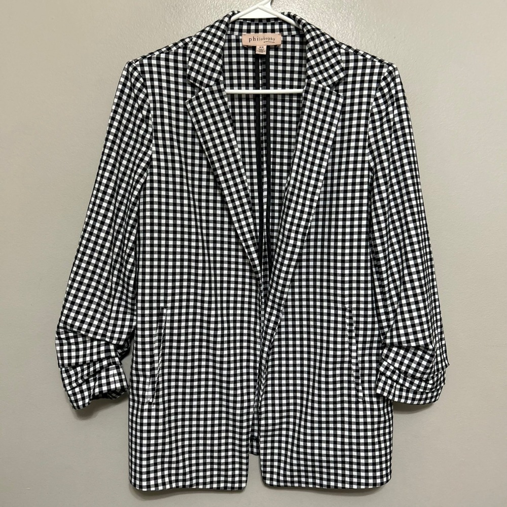 Philosophy Women's Sz M Blazer Black White Gingham Jacket Cottage Twee Office